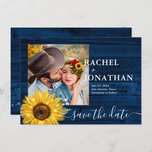 Save The Date Tournesol bleu rustique Mariage photo Enregistrer  (Devant / Derrière)