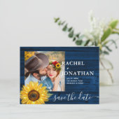 Save The Date Tournesol bleu rustique Mariage photo Enregistrer  (Debout devant)