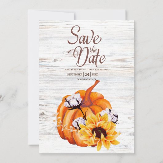 Save The Date Tournesol Citrouille rustique blanc (Devant)
