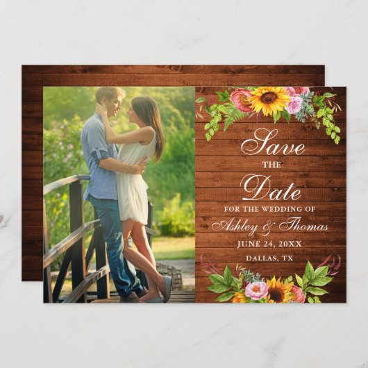 Save The Date Tournesol en bois rustique photo florale (Devant / Derrière)
