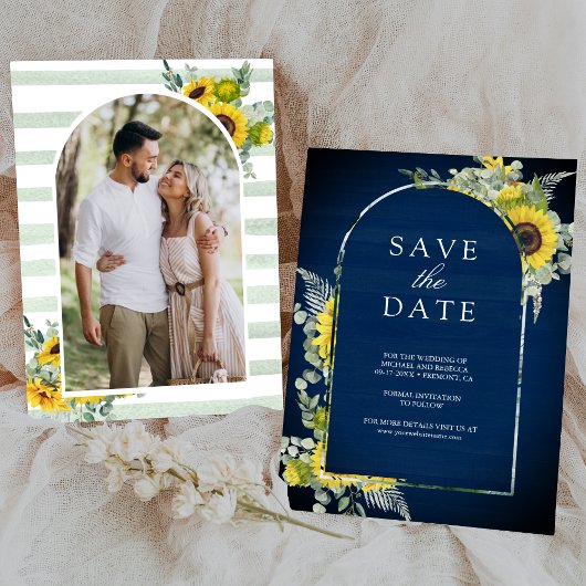 Save The Date Tournesol Eucalyptus Photo Mariage bleu marine