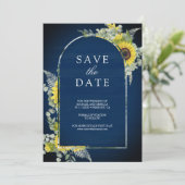 Save The Date Tournesol Eucalyptus Photo Mariage bleu marine (Debout devant)