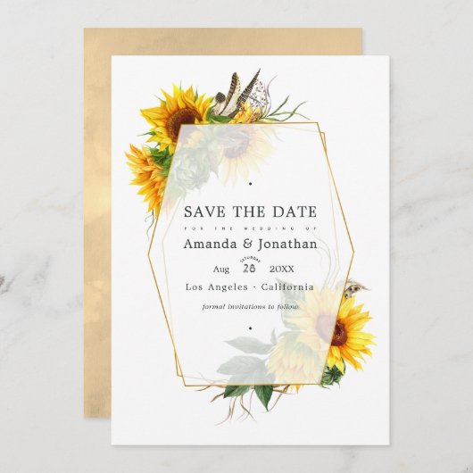 Save The Date Tournesol géométrique Mariage campagnard de grange (Devant / Derrière)