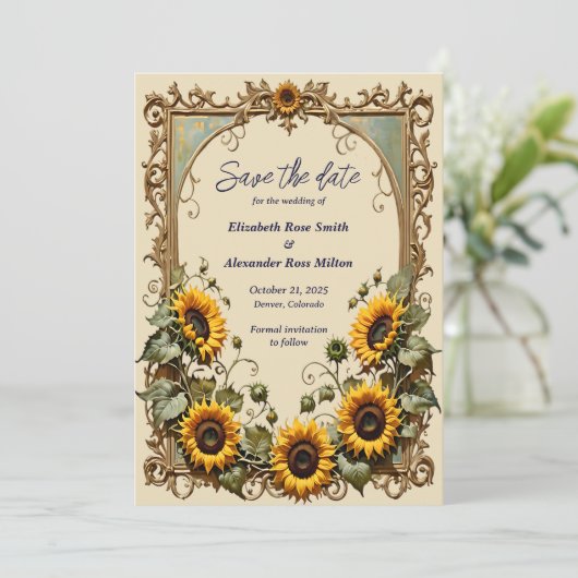 Save The Date Tournesol jaune avec cadre mariage d'art (Debout devant)