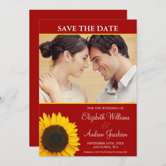 Save The Date Tournesol jaune rouge photo Enregistrer la date (Devant / Derrière)