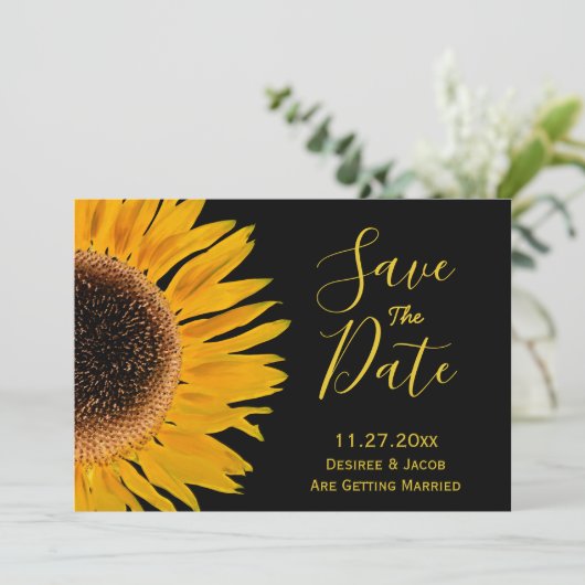 Save The Date Tournesol Jaune Rustique Noir Enregistrer La Date (Debout devant)