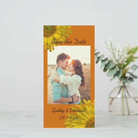 Save The Date Tournesol Jaune sur Mariage Orange Enregistrer la  (Debout devant)