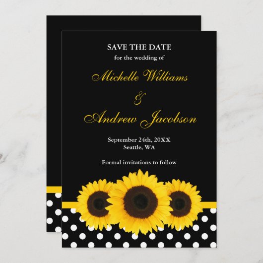 Save The Date Tournesol noir et blanc Polka point Enregistrer la (Devant / Derrière)