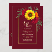 Save The Date Tournesol Rouge Rose Burgundy Gold Mariage Sauvez (Devant / Derrière)