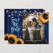 Save The Date Tournesol rustique Bois bleu marine Mariage photo (Devant / Derrière)