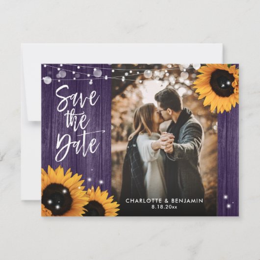Save The Date Tournesol Rustique Bois pourpre Photo Mariage (Devant)
