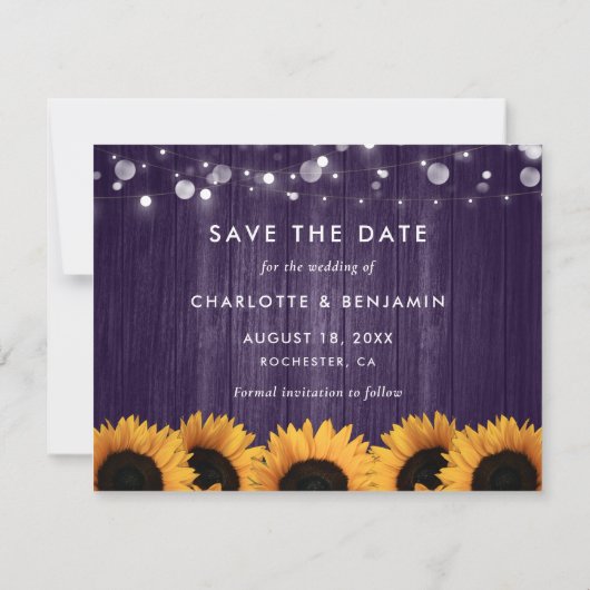 Save The Date Tournesol Rustique Bois pourpre Photo Mariage (Dos)
