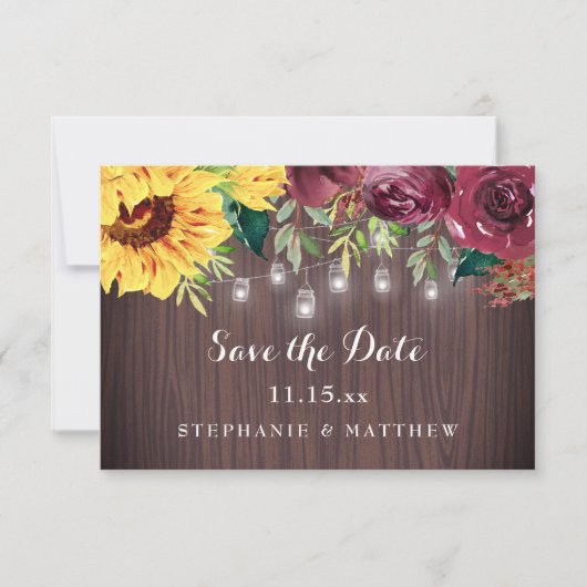 Save The Date Tournesol rustique Mason Jar Lumières Mariage en b (Devant)