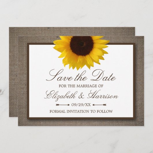 Save The Date Tournesol Rustique Sur Burlap (Devant / Derrière)