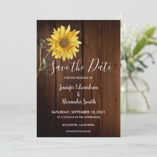 Save The Date Tournesol rustique sur le mariage campagnard en bo (Debout devant)