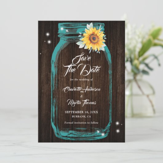 Save The Date Tournesol Turquoise bois Mason Jar Mariage (Debout devant)