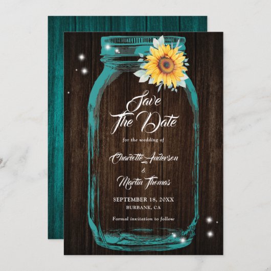 Save The Date Tournesol Turquoise bois Mason Jar Mariage (Devant / Derrière)