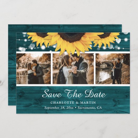 Save The Date Tournesol turquoise Bois rustique Mariage 3 Photo (Devant / Derrière)