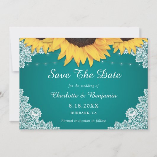 Save The Date Tournesol Turquoise Rustique Mariage Photo Enregis (Devant)