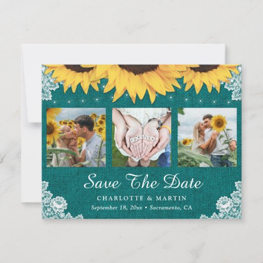 Save The Date Tournesol Turquoise Rustique Mariage Photo Enregis (Devant)