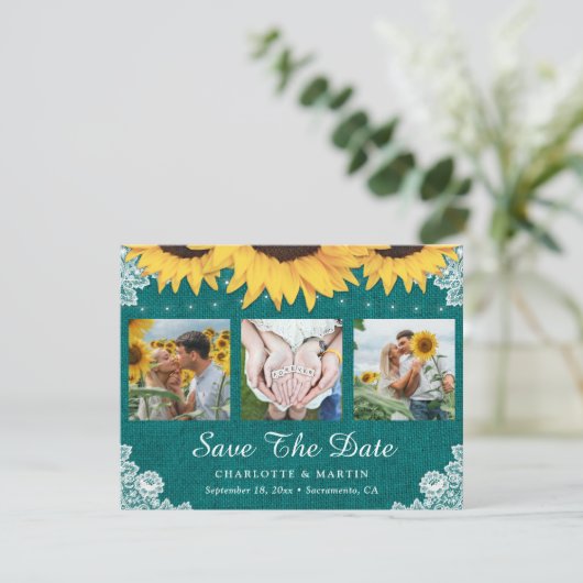 Save The Date Tournesol Turquoise Rustique Mariage Photo Enregis (Debout devant)