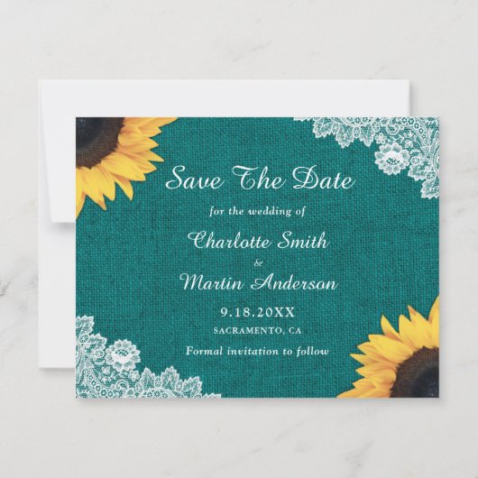 Save The Date Tournesol Turquoise Rustique Mariage Photo Enregis (Dos)