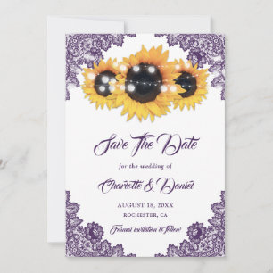 Save The Date Tournesol Violet Mariage Floral Dentelle Rustique