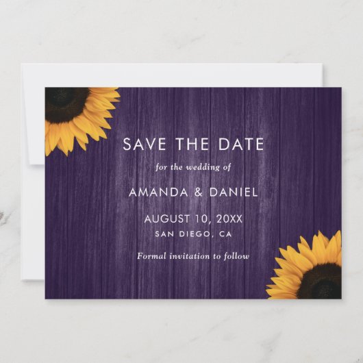 Save The Date Tournesol Violet Rustique Enregistrer La Date Cart (Dos)