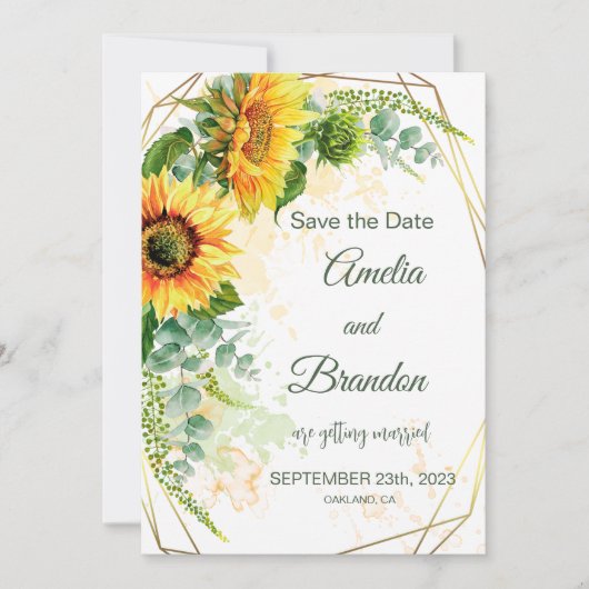 Save The Date Tournesols à l'aquarelle Cadre en feuille d'or fau (Devant)