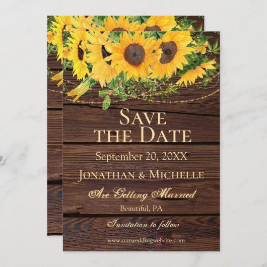 Save The Date Tournesols Rustiques Bois Mariage inspirant (Devant / Derrière)