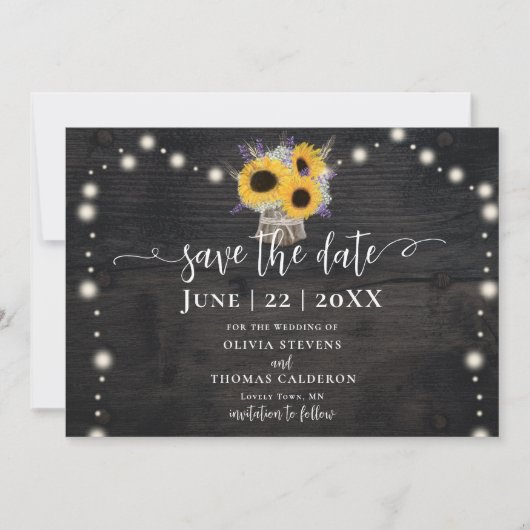 Save The Date Tournesols rustiques Lavender Barne Mariage en boi (Devant)