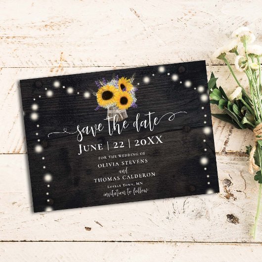 Save The Date Tournesols rustiques Lavender Barne Mariage en boi