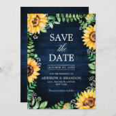 Save The Date Tournesols rustiques Mariage bleu marine (Devant / Derrière)