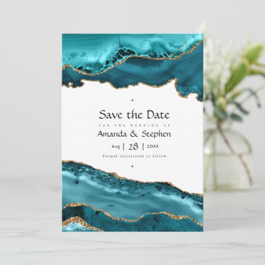 Save The Date Tourquoise et Or Agate Mariage Enregistrer la date (Debout devant)