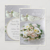 Save The Date Tourterelles romantiques, Paillettes et Roses, Épa (Devant / Derrière)