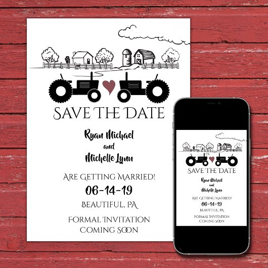 Save The Date Tracteurs de silhouettes et ferme noir - Mariage b