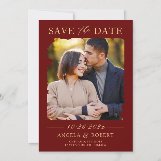 Save The Date Trame photo de luxe Burgundy Red Gold Brush (Devant)