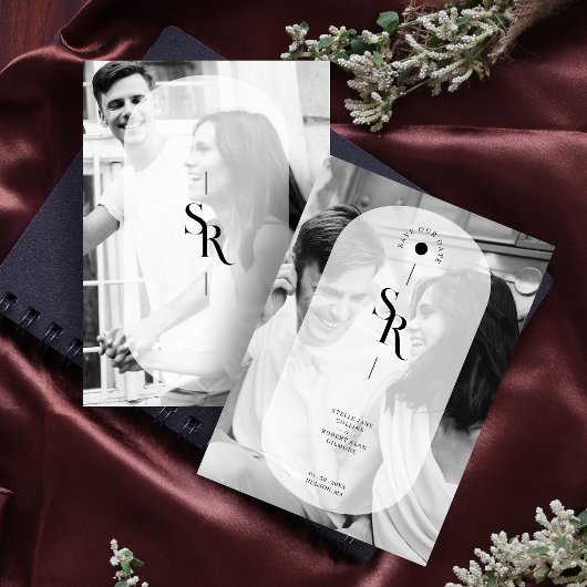 Save The Date Transparent Vellum délicat Initiales Noir Blanc