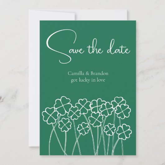 Save The Date Trèfle Chanceux Émeraude Vert Mariage Moderne (Devant)