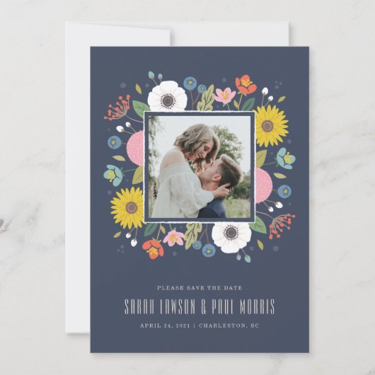 Save The Date Trellis Flower Frame Enregistrer la Date - Bleu Nu (Devant)