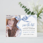 Save The Date Trendy Blue Bow Photo Graduation (Debout devant)