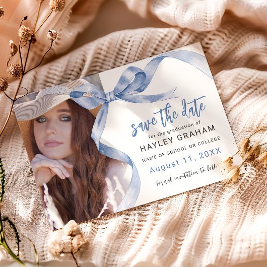 Save The Date Trendy Blue Bow Photo Graduation