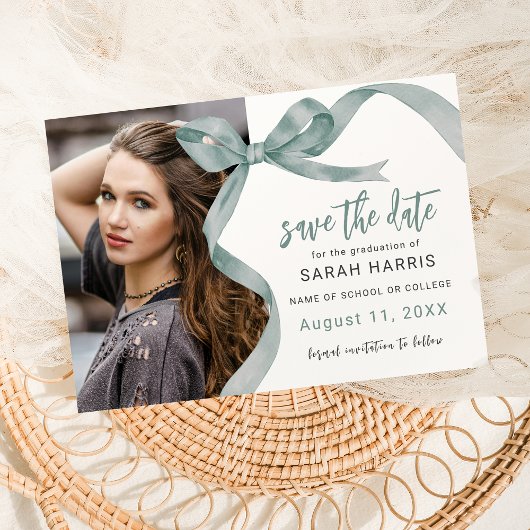 Save The Date Trendy Green Bow Photo Graduation