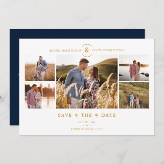 Save The Date Trendy Minimal Navy/White 5 Multi Photos Collage (Devant / Derrière)