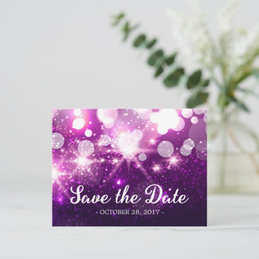 Save the Date - Trendy Paarse Glitter Sparkles Aankondigingskaart (Staand voorkant)