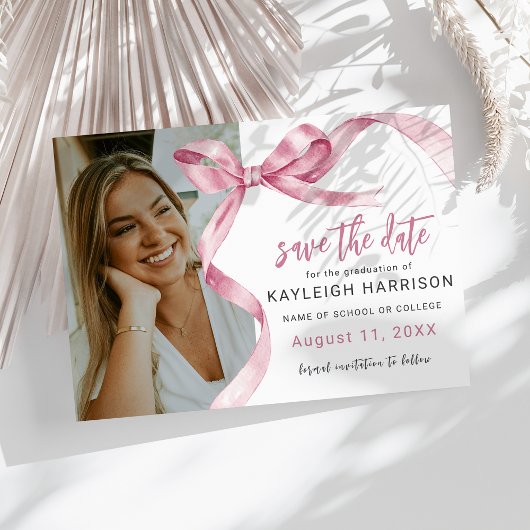 Save The Date Trendy Pink Bow Photo Graduation
