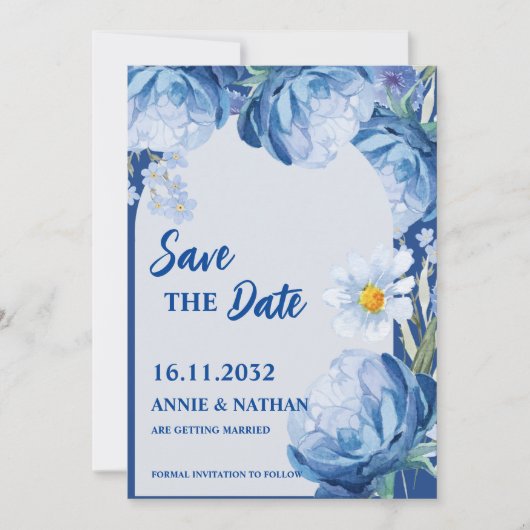 Save The Date Trendy Pretty Blue Florals Mariage Enregistrer la (Devant)