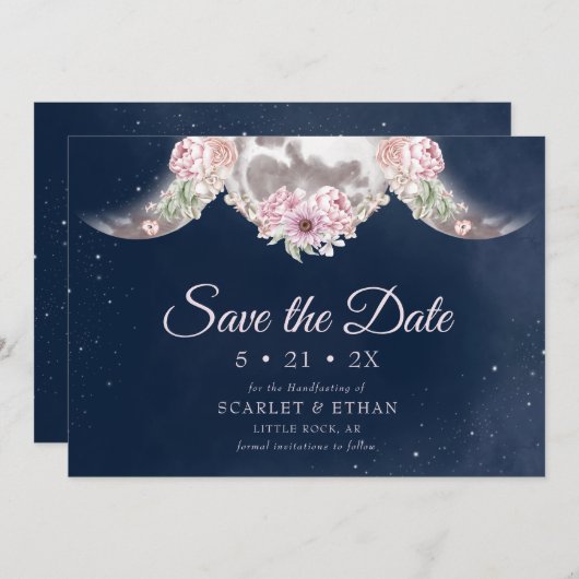 Save The Date Triple Lune Bleu foncé Nuit Ciel Floral Handfastin (Devant / Derrière)