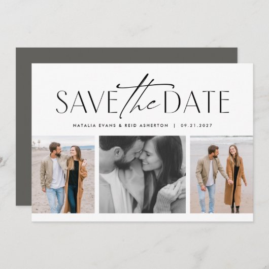Save The Date Trois photo simple design noir blanc (Devant / Derrière)