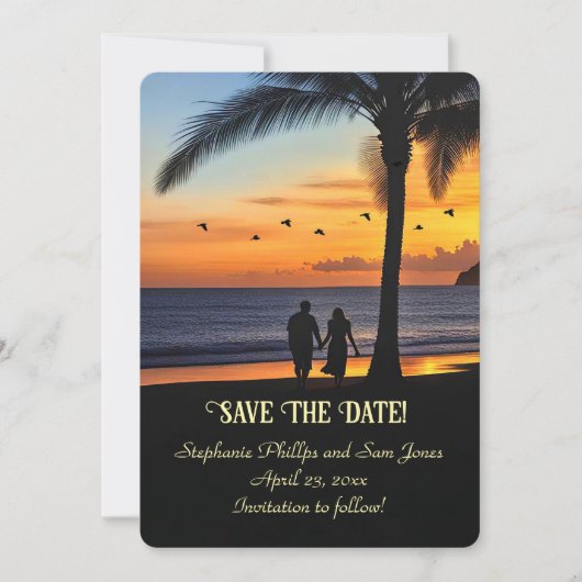 Save the Date Tropical Beach Couple Kaart (Voorkant)